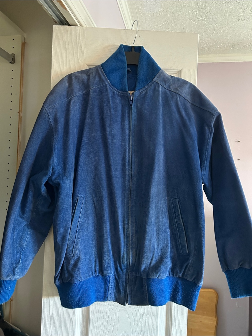 Men's Blue Suede Bomber Jacket with Ribbed Trim
